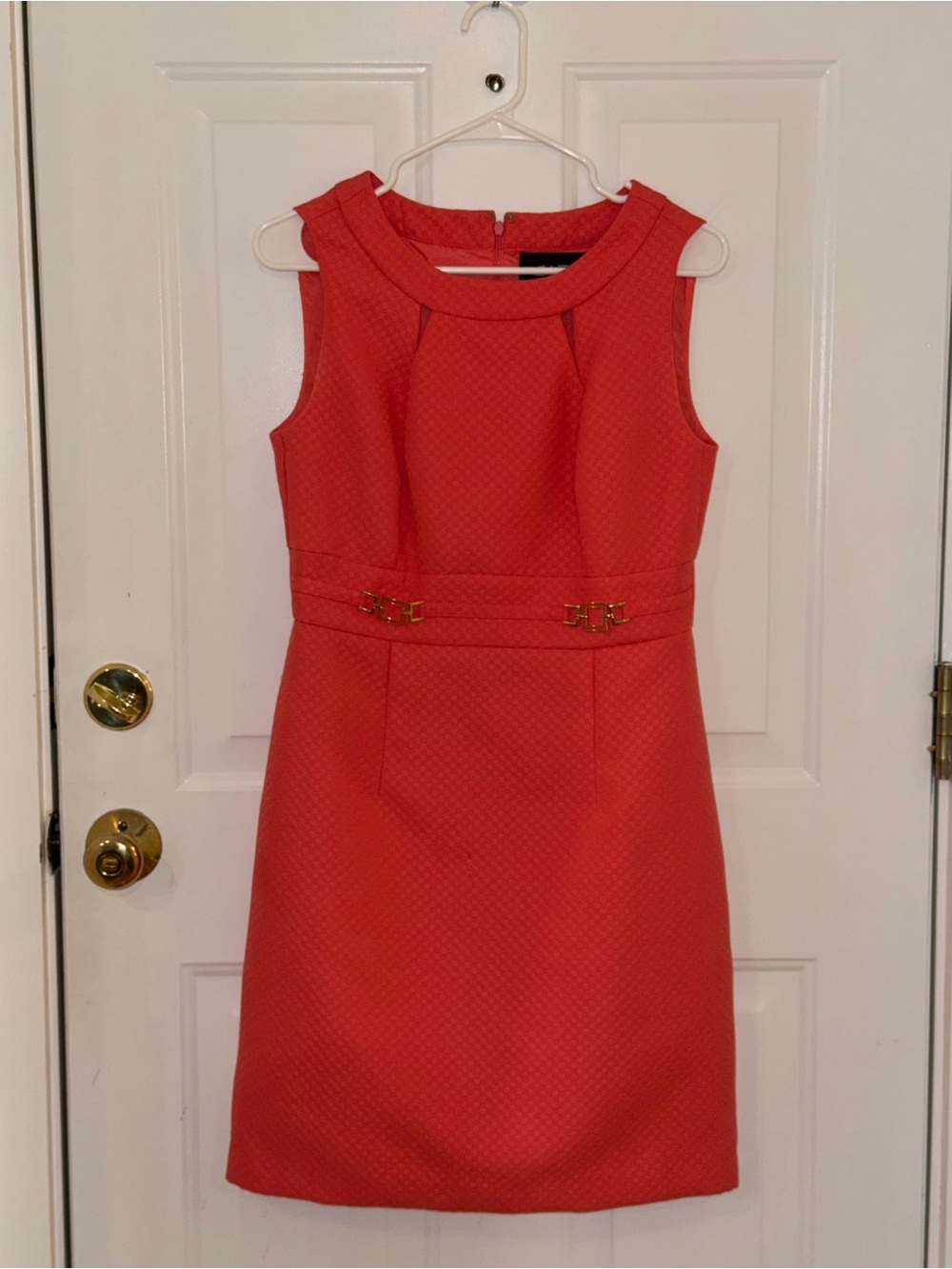 Sleeveless Coral Midi Sheath Dress with Gold Buckle Detail